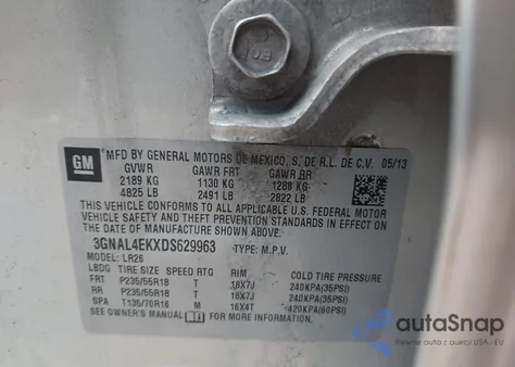 2013 Chevrolet Captiva Sport Ltz из США, поврежденный, VIN 3GNAL4EKXDS629963